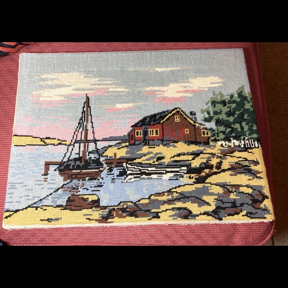 Hand Crafted Other - vintage Scandinavian Finland Seashore 
Cottage boat nautical Needlepoint Mounted